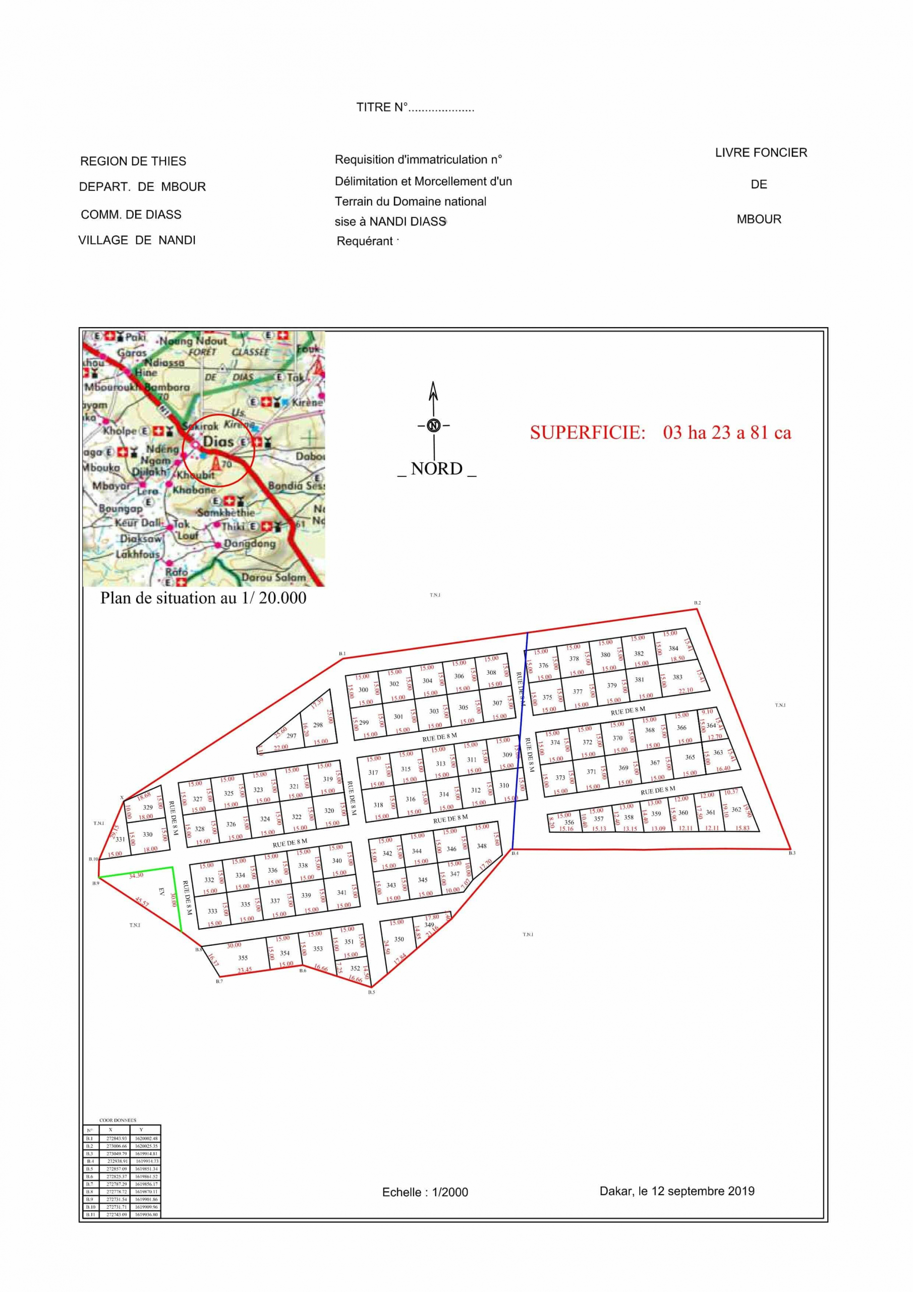 Nous mettons en vente un Lot de terrain à Diass. ce lot de terrain de 03 ha 23 a 81 ca du domaine national sise à Nandi Diass est délimité et morcelé en 150 m2. Position géographique: Région de Thiès, Département de Mbour, Commune de Diass, Village de Nandi. Prix abordable